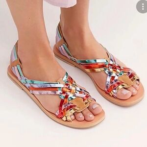 Free People Rainbow Huarache leather sandals woven design and metallic finish.